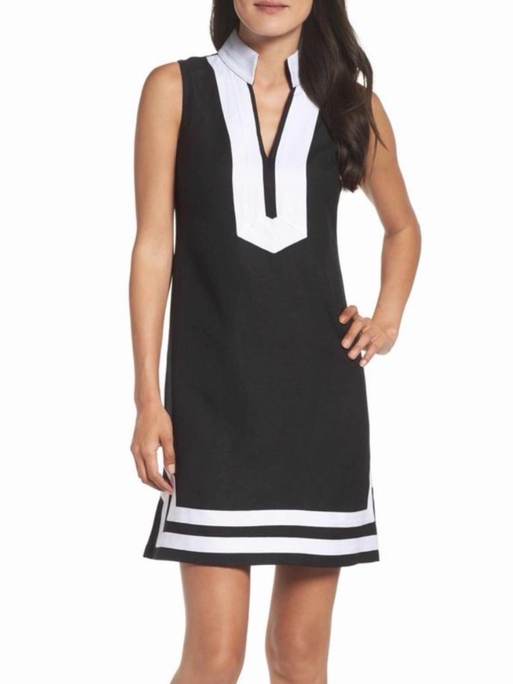 Eliza J Black White Linen Blend Work + Guest Dress Size 12 Chic Preppy